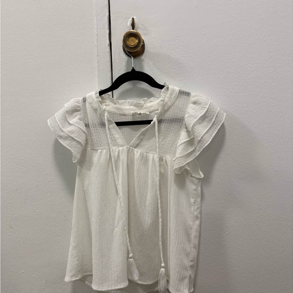 THML White Ruffle Flutter-Sleeve Blouse with Tie Front